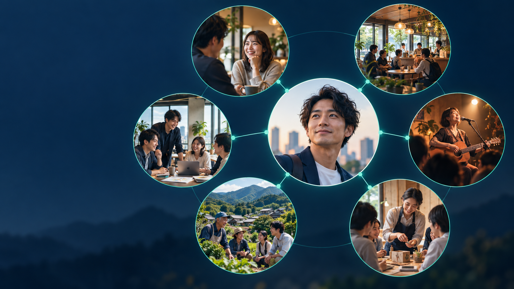 人を中心に、場所、イベント、企業、地域、情報がつながる図