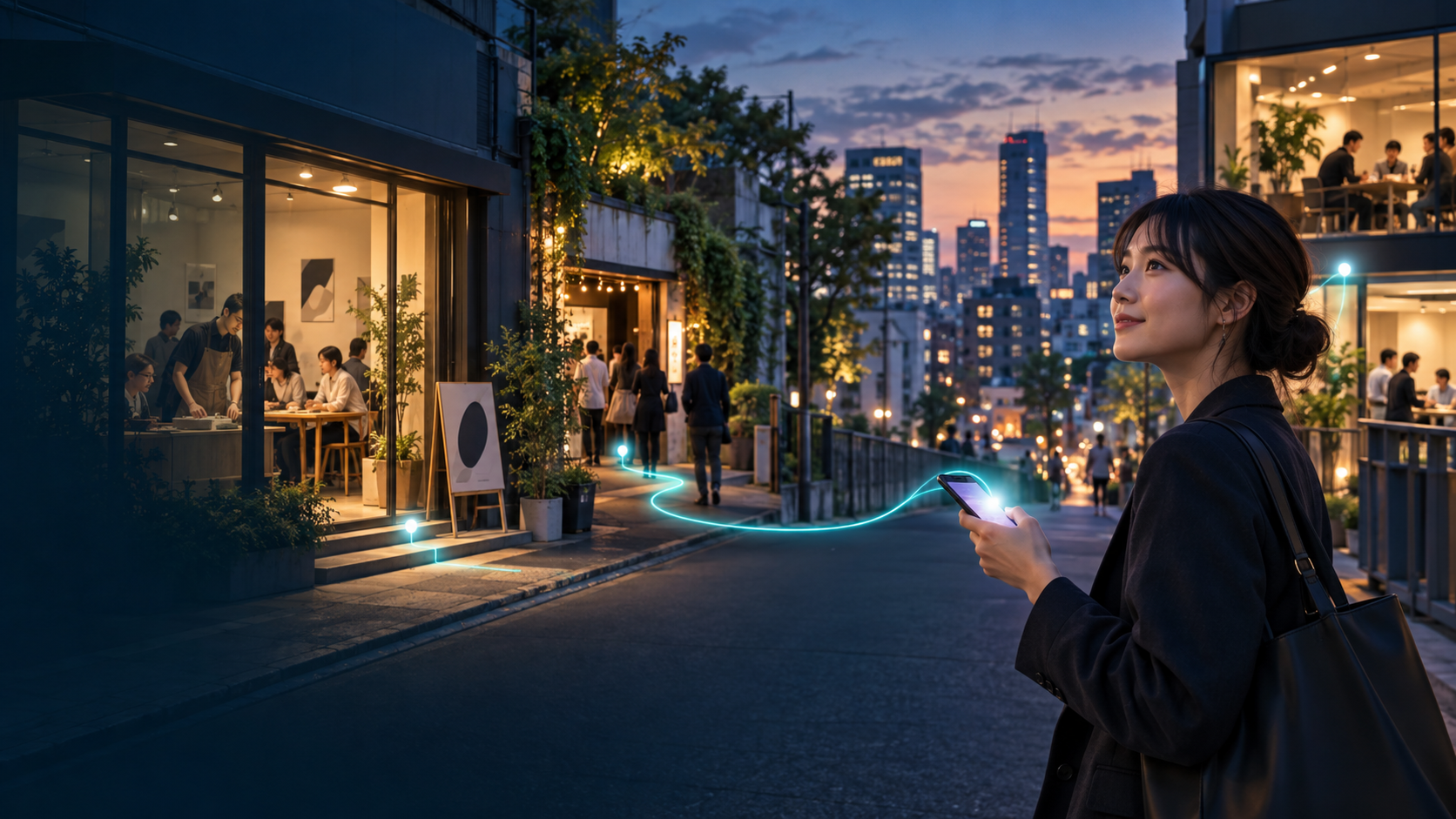 スマートフォンを手に、街の体験へ向かう人物